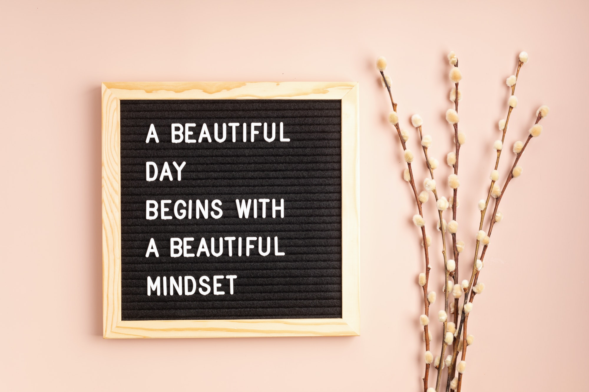 Felt letter board with text beautiful day begins with beautiful mindset. Mental health idea